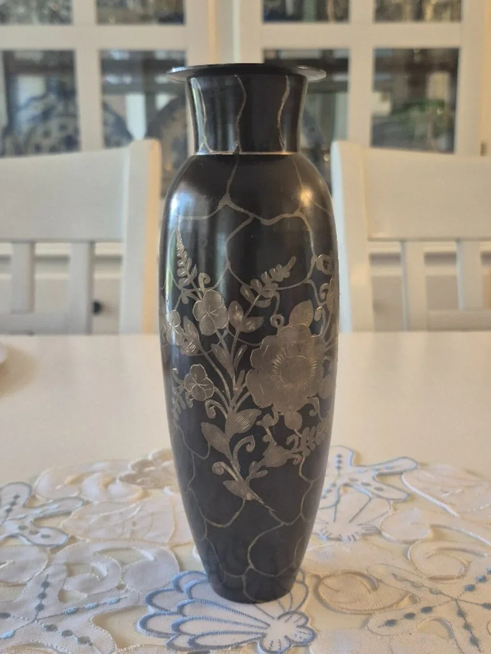 Vintage Black Anodized Brass Intricately Etched Floral Design 9